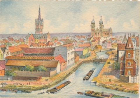 Aquarelle de Merville au temps des péniches